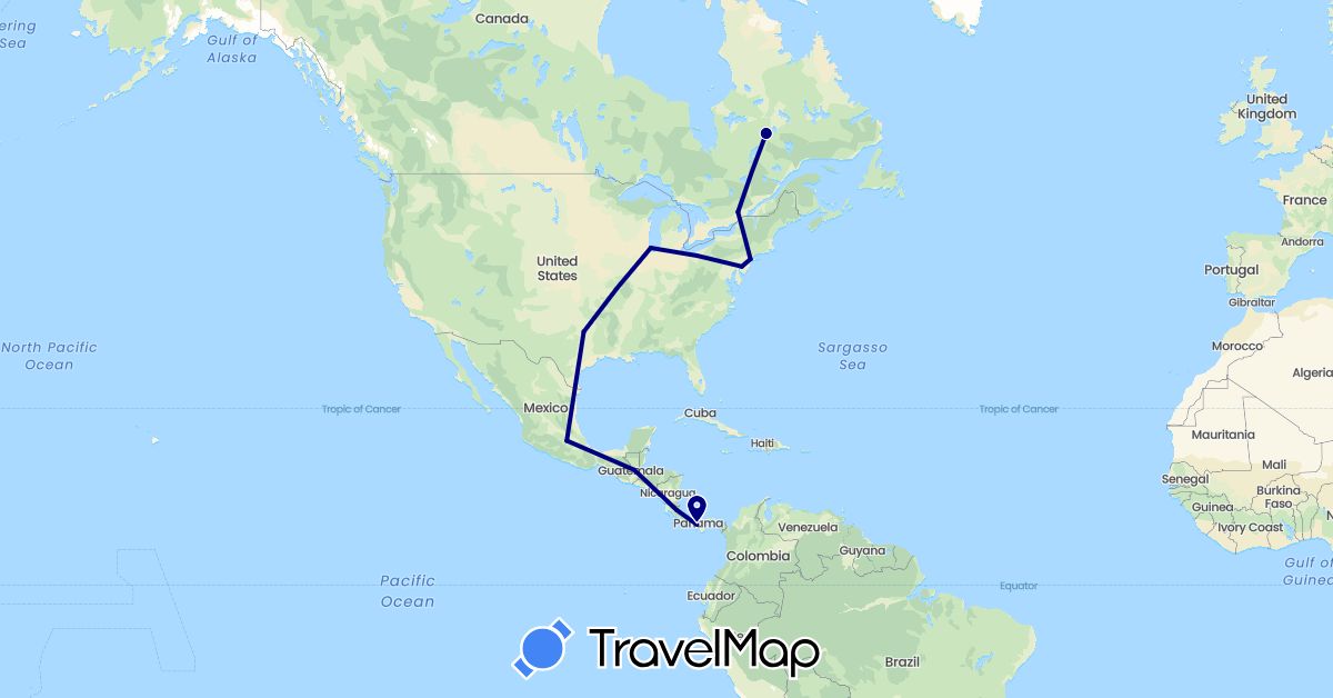 TravelMap itinerary: driving in Canada, Costa Rica, Guatemala, Mexico, Panama, United States (North America)